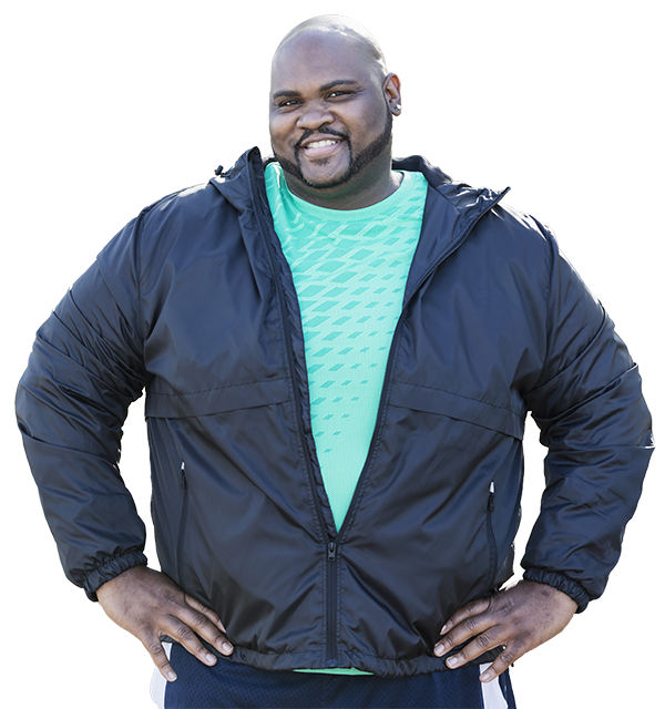 Patient wearing blue jacket top banner